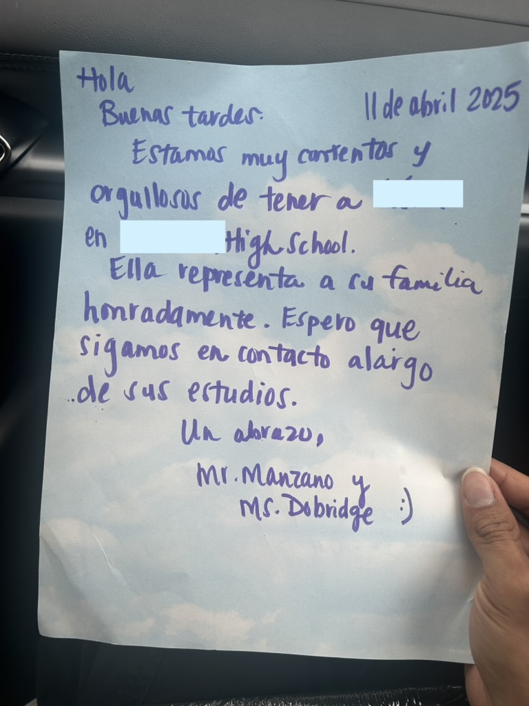 Spanish family note with names and school redacted