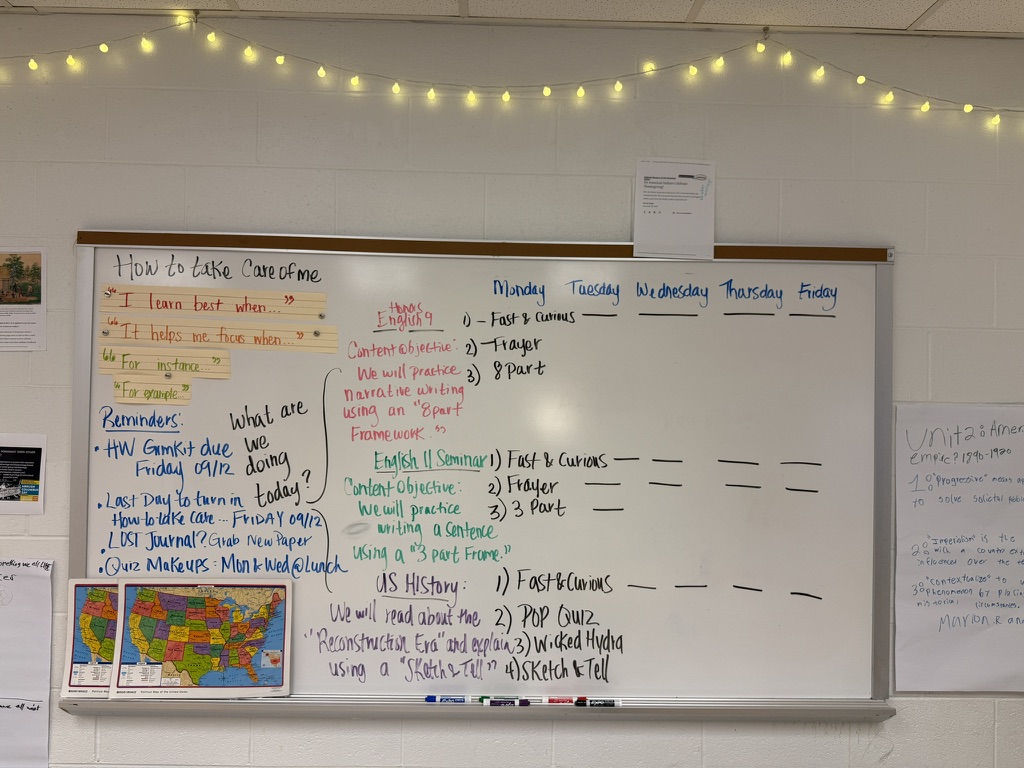 Whiteboard agenda for Honors English 9, English 11 Seminar, and US History with EduProtocols